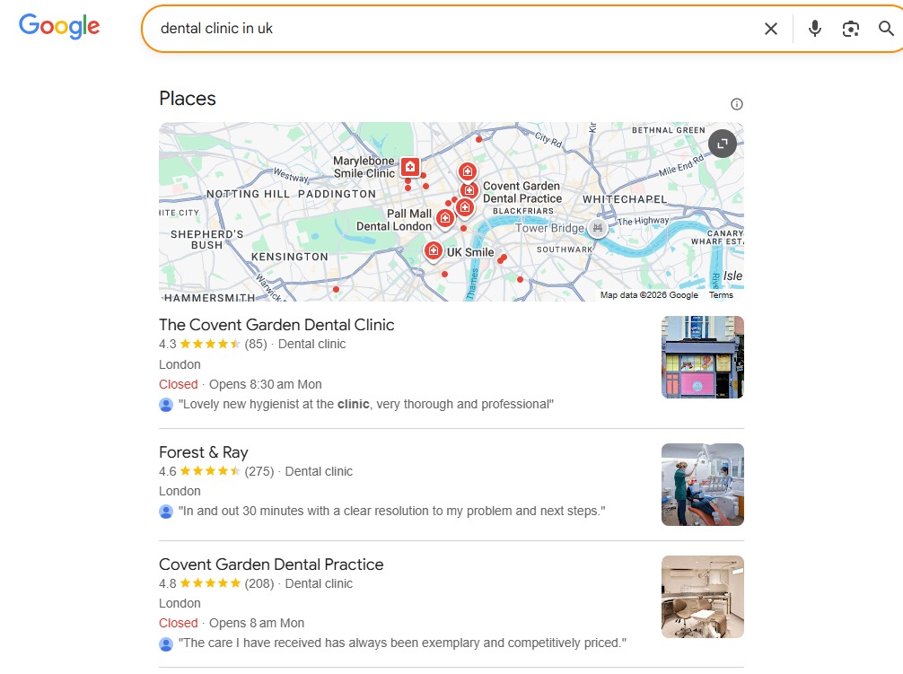 Google local search results displaying dental clinics in the UK, demonstrating the importance of local SEO for dental practices.