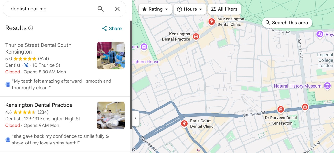 Google Maps search results for “dentist near me” showing local dental clinics, star ratings, reviews, opening hours, and map listings in London