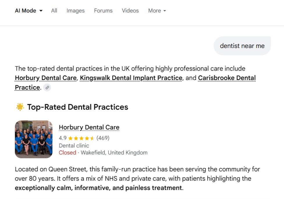 Google AI search results for “dentist near me” showing top-rated dental practices in the UK, including ratings, reviews, AI-generated recommendations, and local dental clinic information