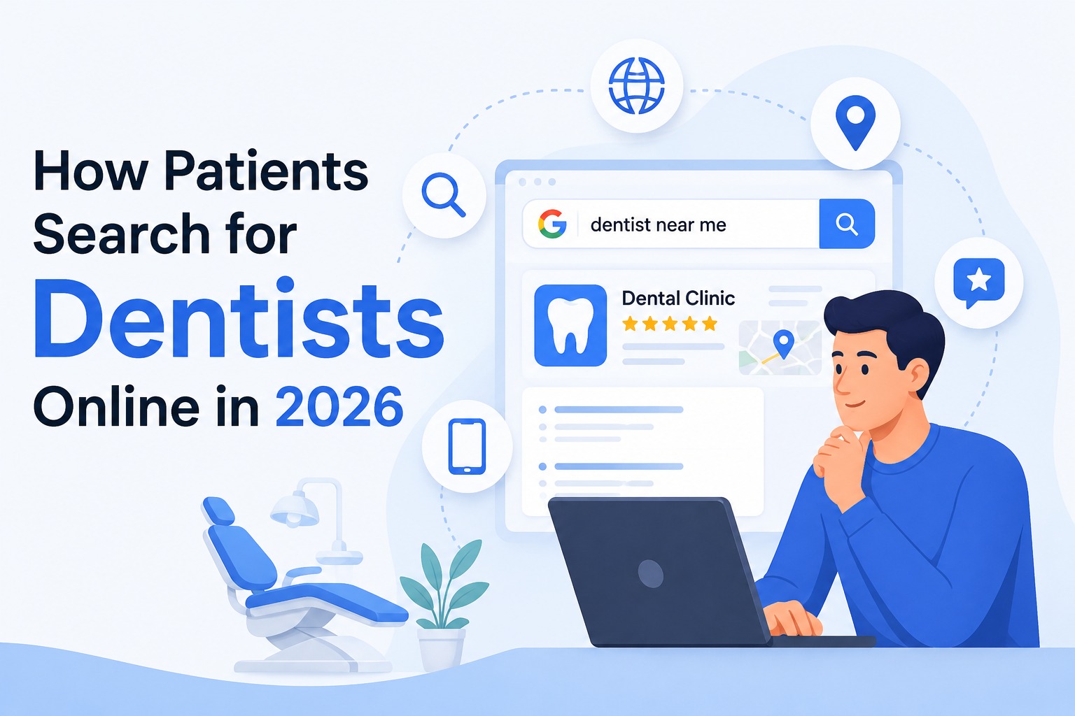 Illustration showing how patients search for dentists online in 2026, featuring a Google “dentist near me” search, dental clinic listings, local SEO elements, ratings, maps, and a user searching on a laptop