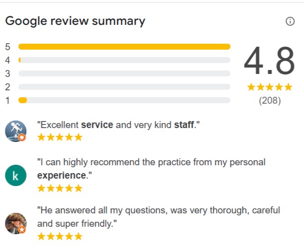Google review summary for a dental clinic showing a 4.8-star rating, positive patient reviews, customer satisfaction, and high-rated dental services