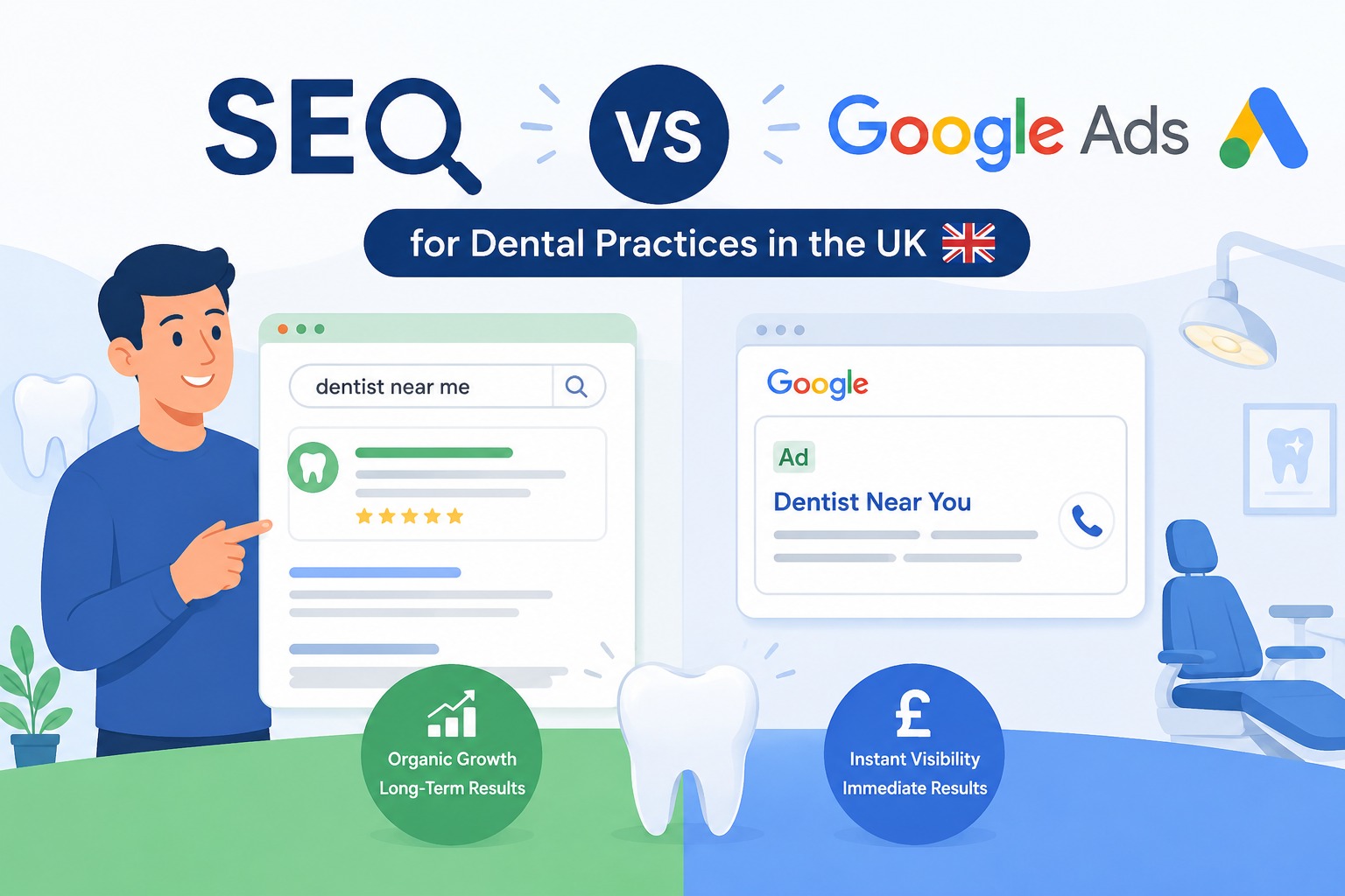 Illustration comparing SEO vs Google Ads for dental practices in the UK, showing organic Google rankings, paid dental ads, and a dentist choosing between long-term SEO growth and instant advertising results