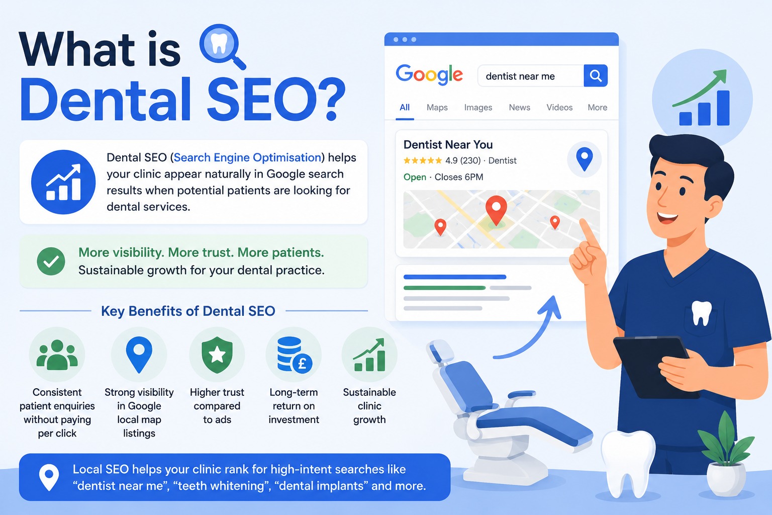 Illustration explaining dental SEO with a Google search result for “dentist near me,” showing local SEO benefits, increased Google rankings, patient growth, and organic visibility for dental clinics
