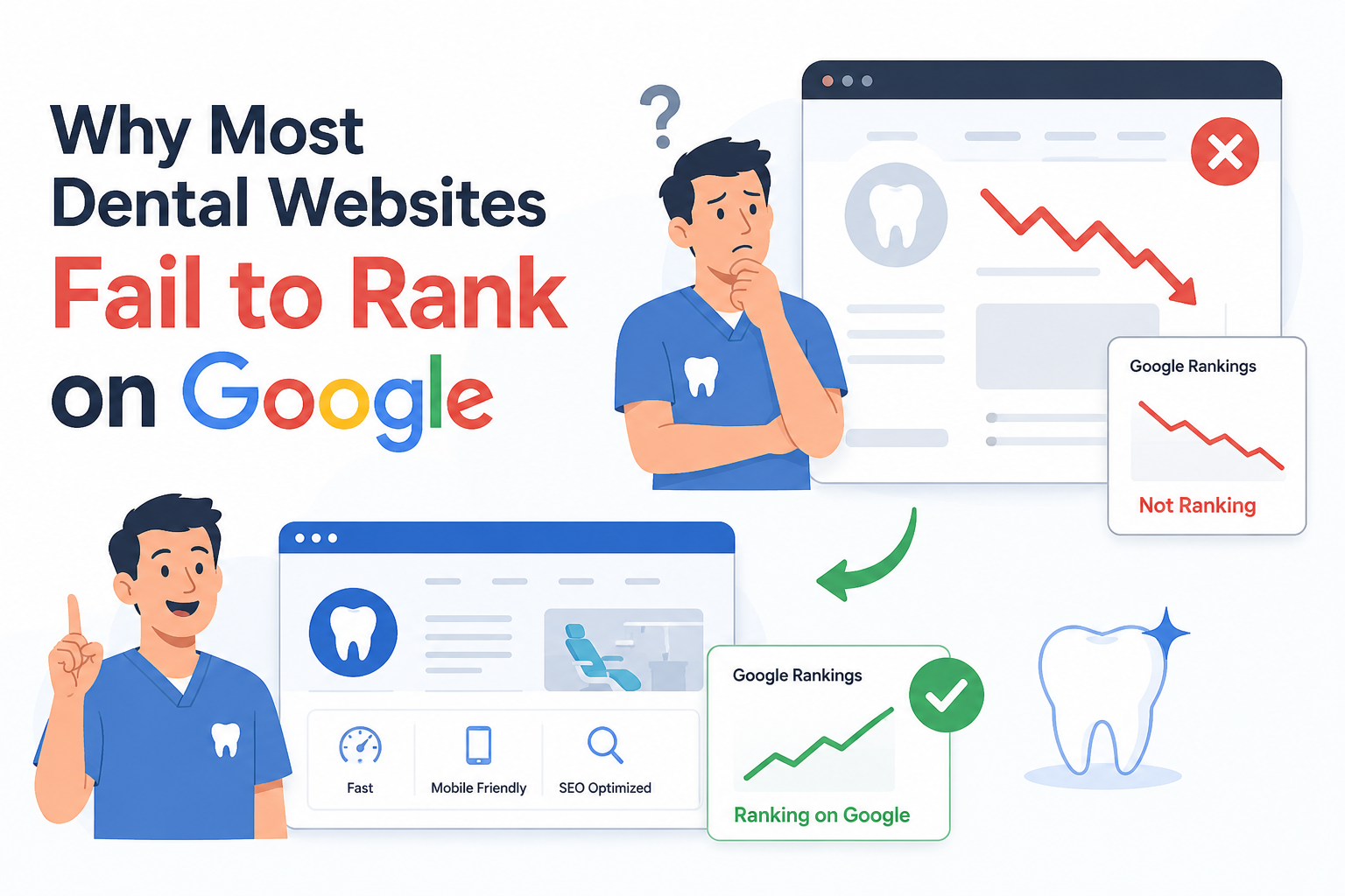Dental SEO illustration showing why most dental websites fail to rank on Google, featuring a frustrated dentist, declining Google rankings, poor website performance, and an SEO-optimized dental website improving search visibility