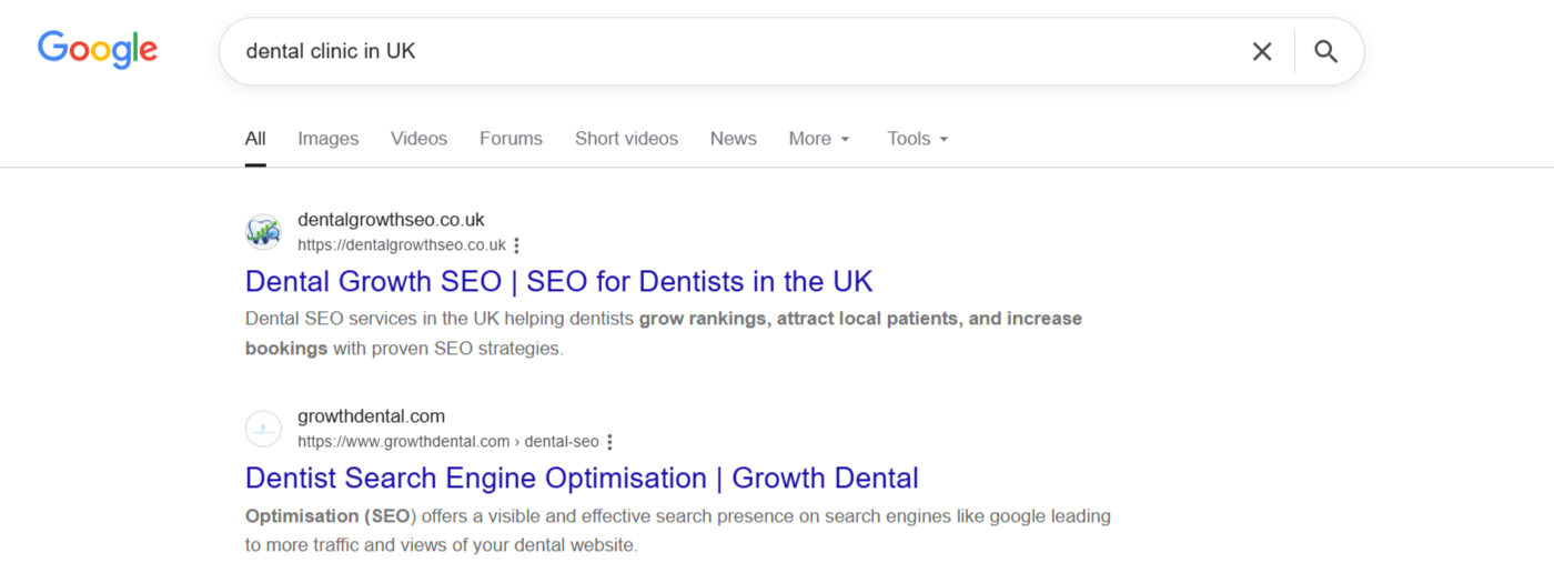 Dental clinic on google that it ranking on this UK country