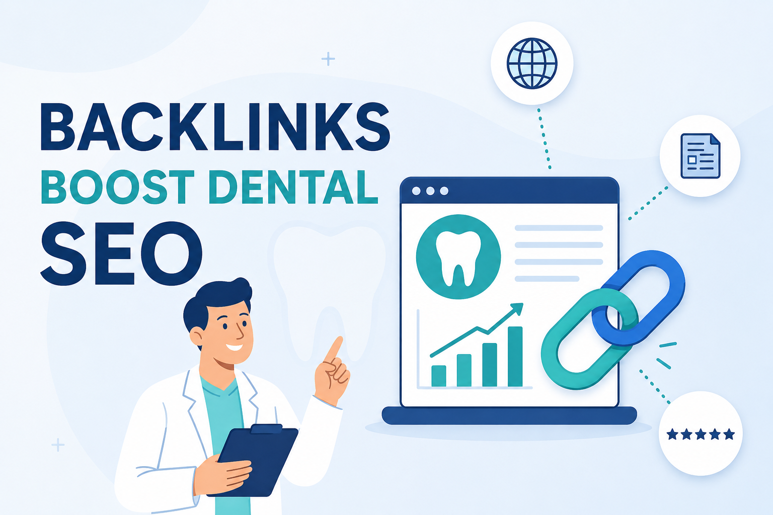 Role of Backlinks in Dental Website SEO illustrated with an animated dentist, website analytics, and link-building concept.