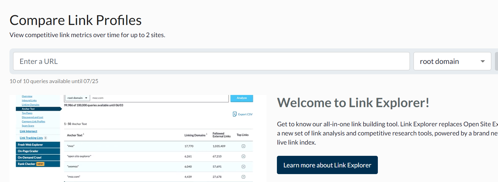 Moz Link Explorer Compare Link Profiles tool for backlink analysis in the best SEO tools for dentists in the UK.