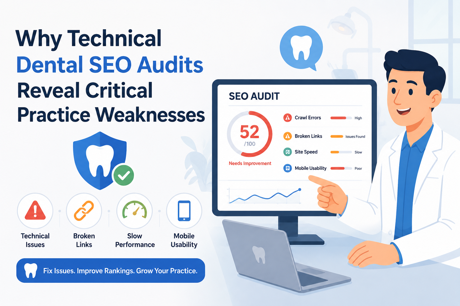 Animated dentist reviewing a technical SEO audit dashboard on a computer screen, highlighting website issues, performance metrics, and optimization opportunities for a dental practice.