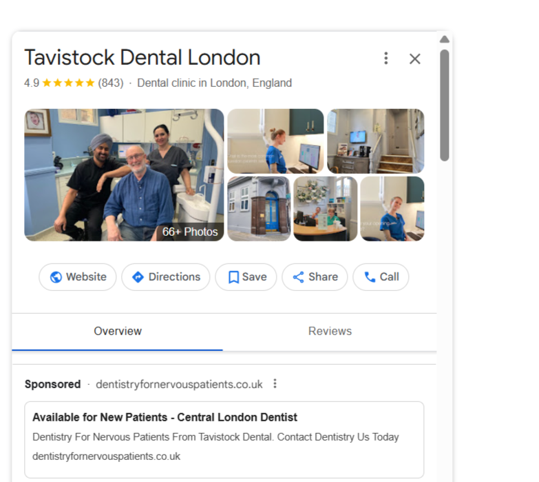 Google Business Profile listing for a London dental clinic showing reviews, photos, contact options, and local search visibility for tracking patient leads.