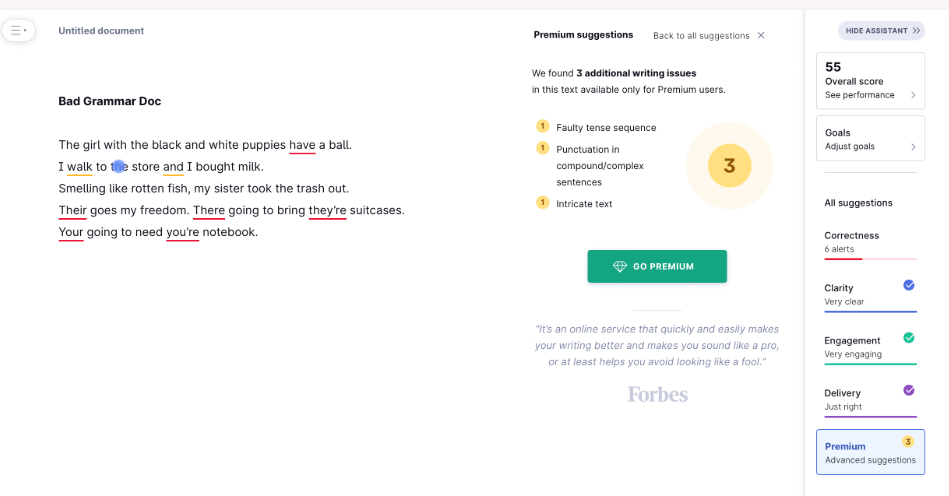 Grammarly writing assistant improving dental website content using one of the best SEO tools for dentists in the UK.