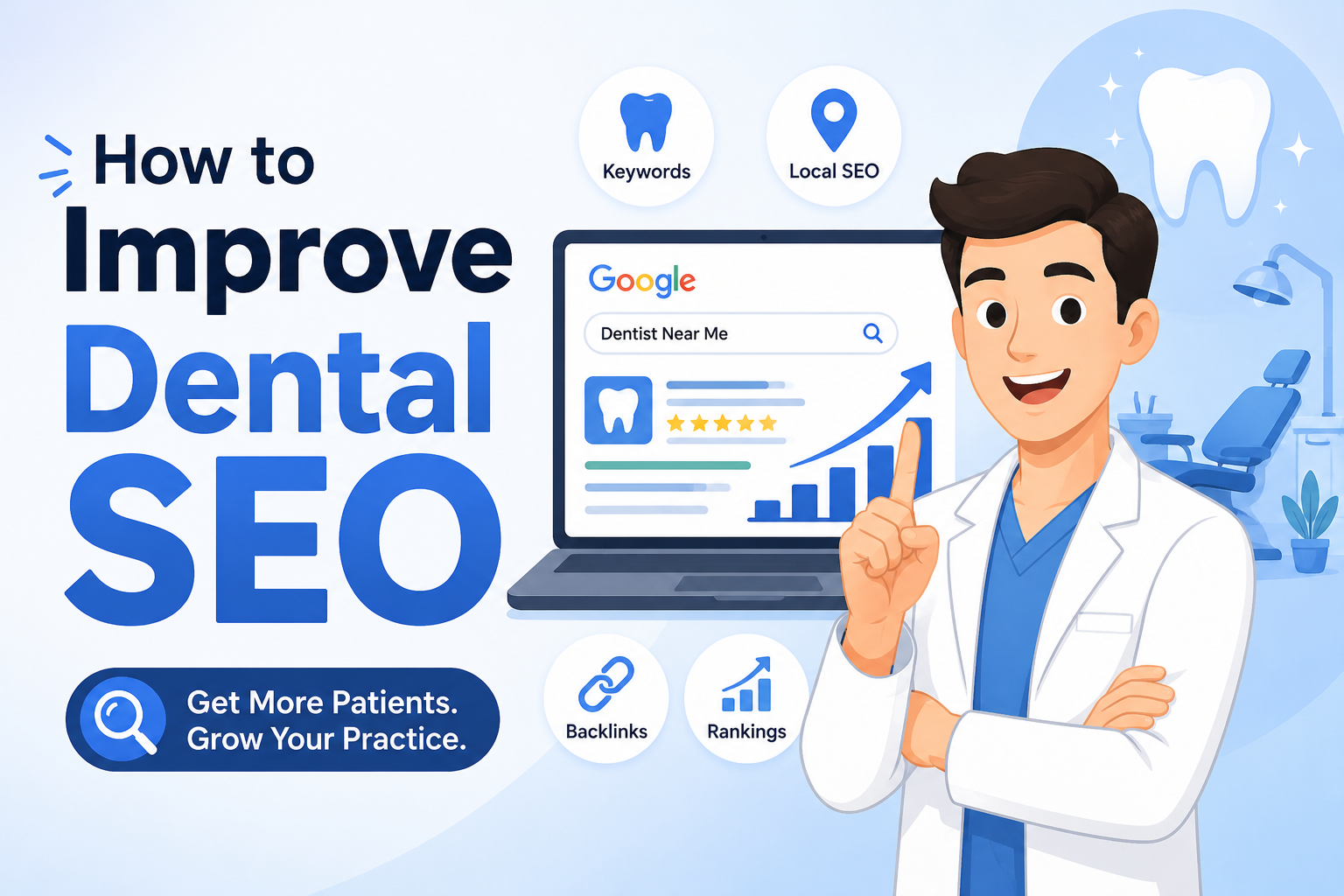 Animated dentist character standing beside a laptop displaying dental SEO analytics, Google search rankings, keywords, backlinks, and local SEO strategies for dental clinics.