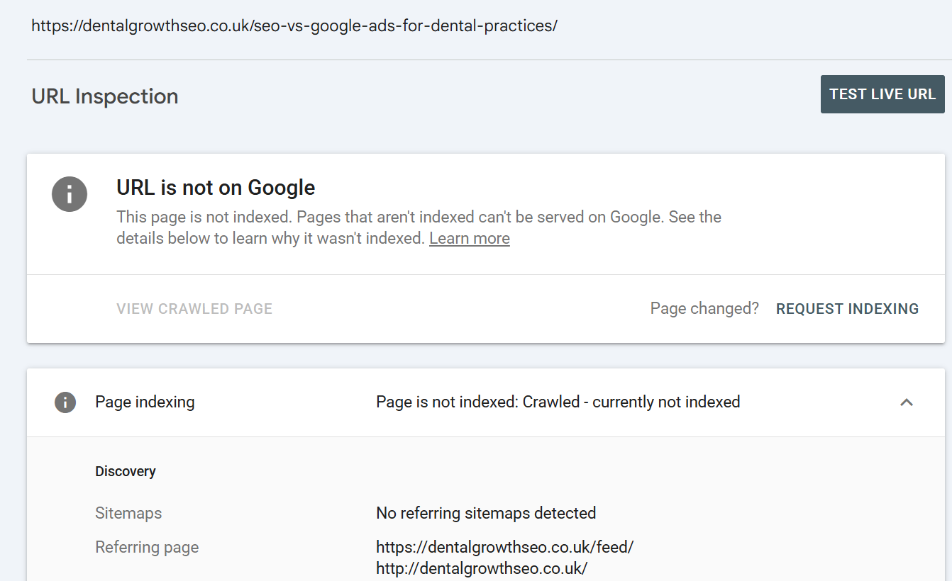 Google Search Console reporting a dental service page as crawled but not indexed, revealing a critical SEO issue affecting visibility.