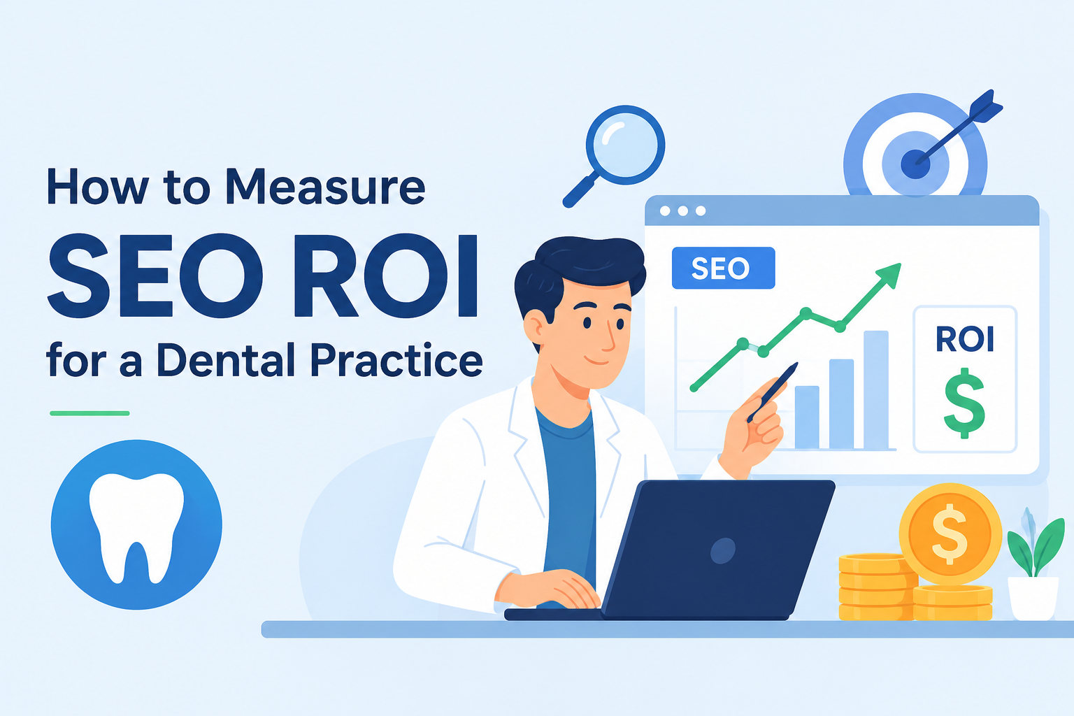 Dental professional analyzing SEO ROI metrics on a laptop with growth charts, revenue icons, and dental marketing performance indicators.