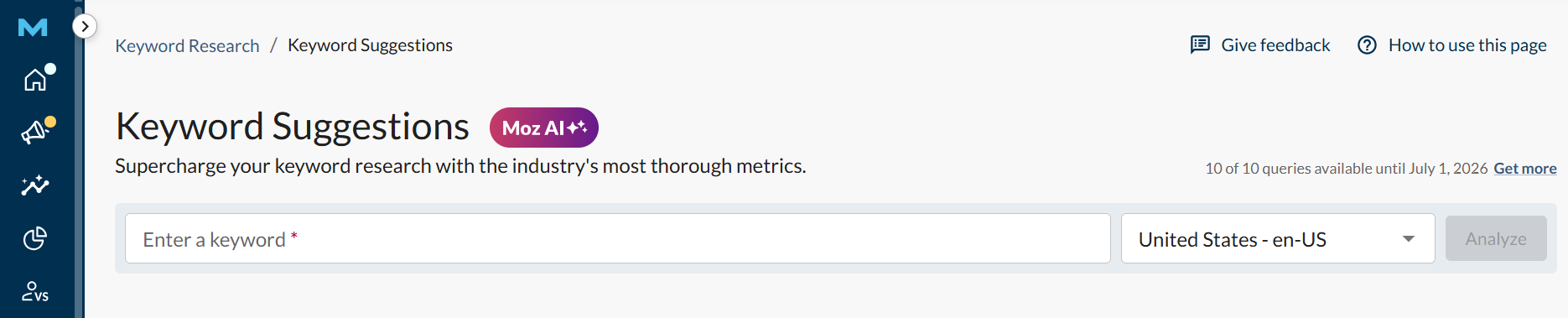 Moz Keyword Suggestions tool for keyword research among the best SEO tools for dentists in the UK.