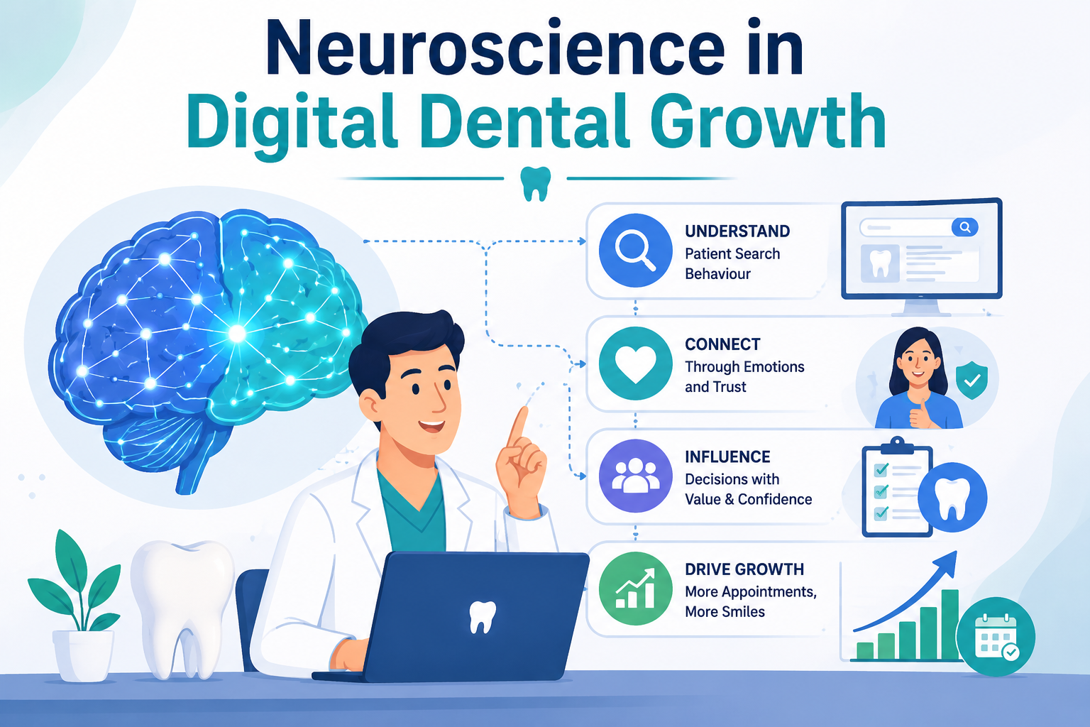 Neuroscience in digital dental growth illustration showing a dentist, brain network, patient behaviour insights, trust signals, and dental SEO strategies for practice growth.