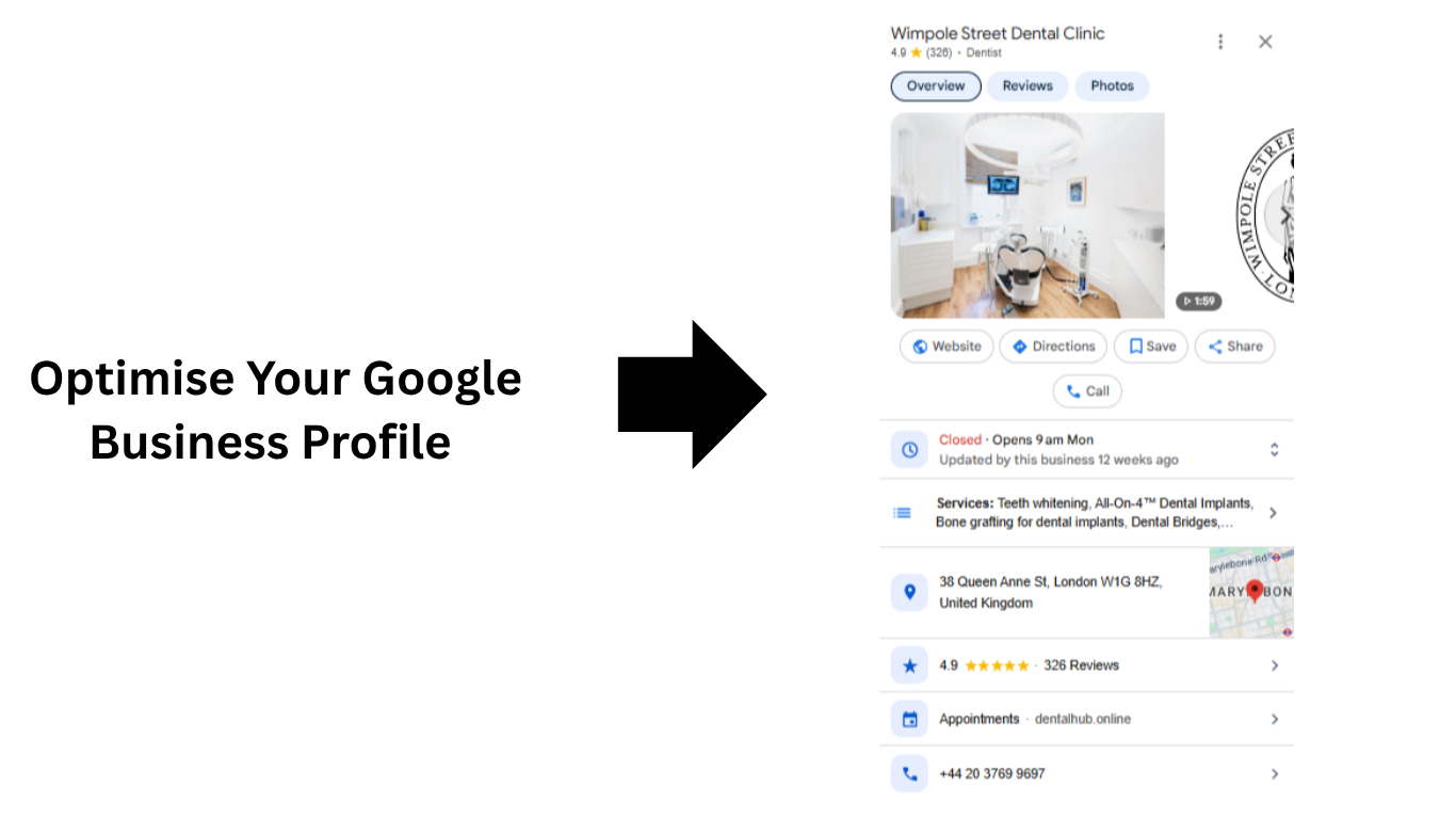 Google Business Profile optimization for dental SEO showing a dentist's local business listing in Google Search results.
