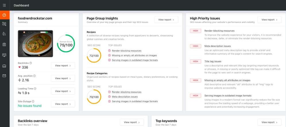 SEO Site Checkup website audit dashboard included in the best SEO tools for dentists in the UK.