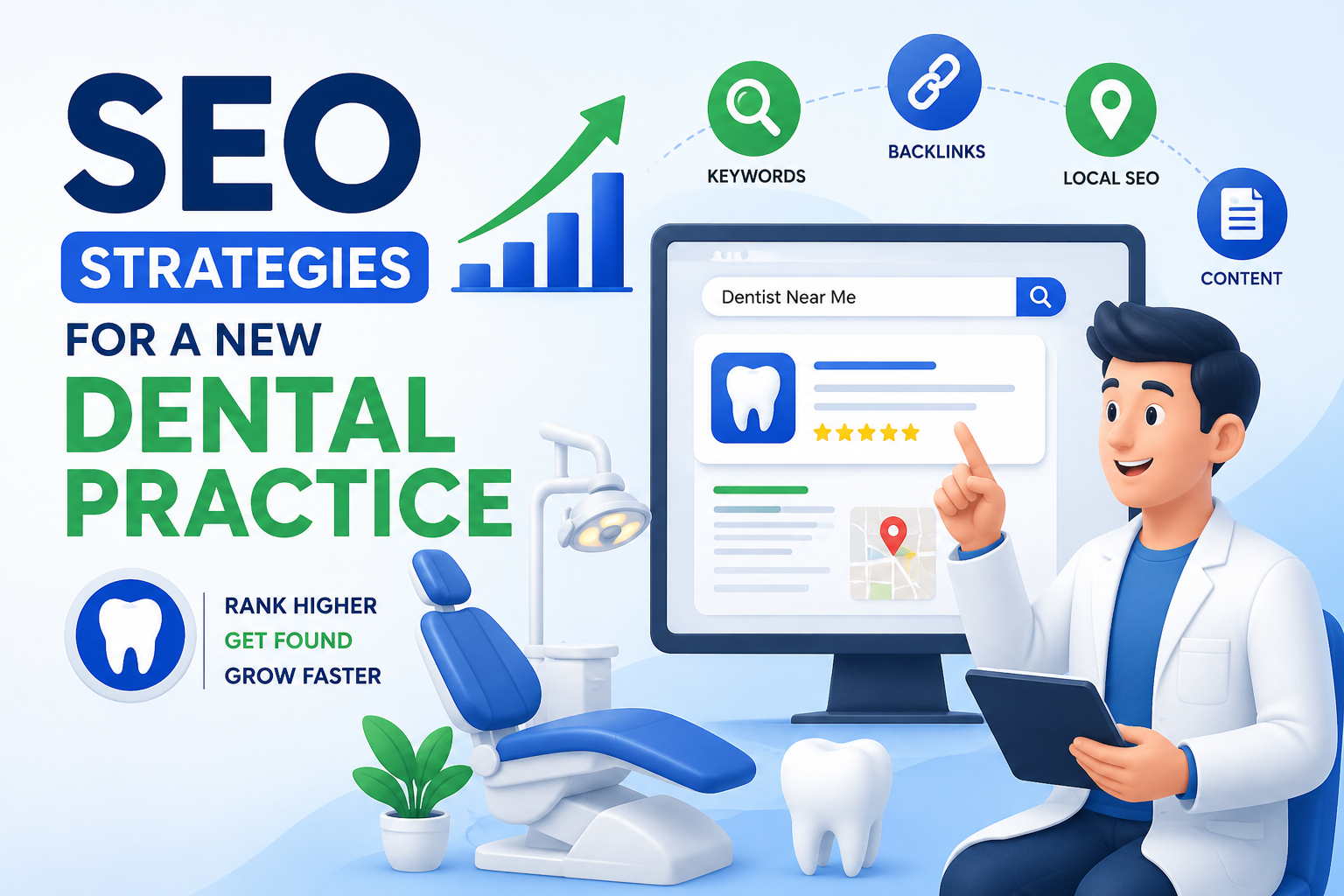 Essential SEO strategies for a new dental practice featuring an animated dentist, search engine optimization dashboard, local SEO, keywords, backlinks, and dental marketing illustration.