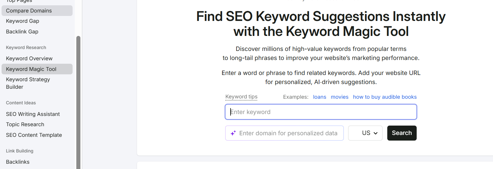 Semrush Keyword Magic Tool finding SEO keywords for dentists in the UK.