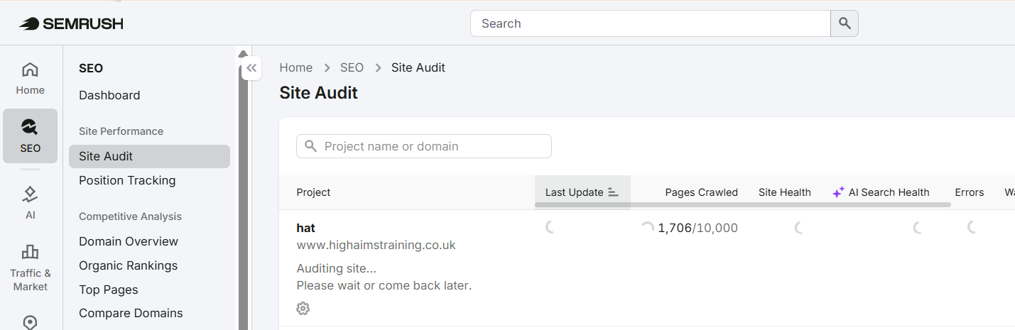 Semrush Site Audit dashboard identifying technical SEO issues for a dental website in the UK.