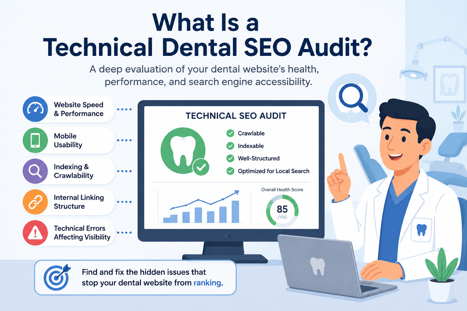 Animated dentist explaining a technical dental SEO audit with a website health dashboard showing crawlability, indexing, site speed, mobile usability, internal linking, and technical SEO performance metrics.