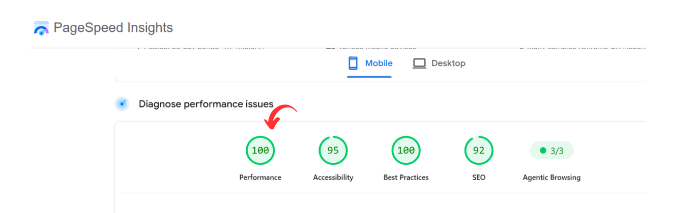Dental website achieving a perfect performance score in Google PageSpeed Insights following technical SEO improvements.