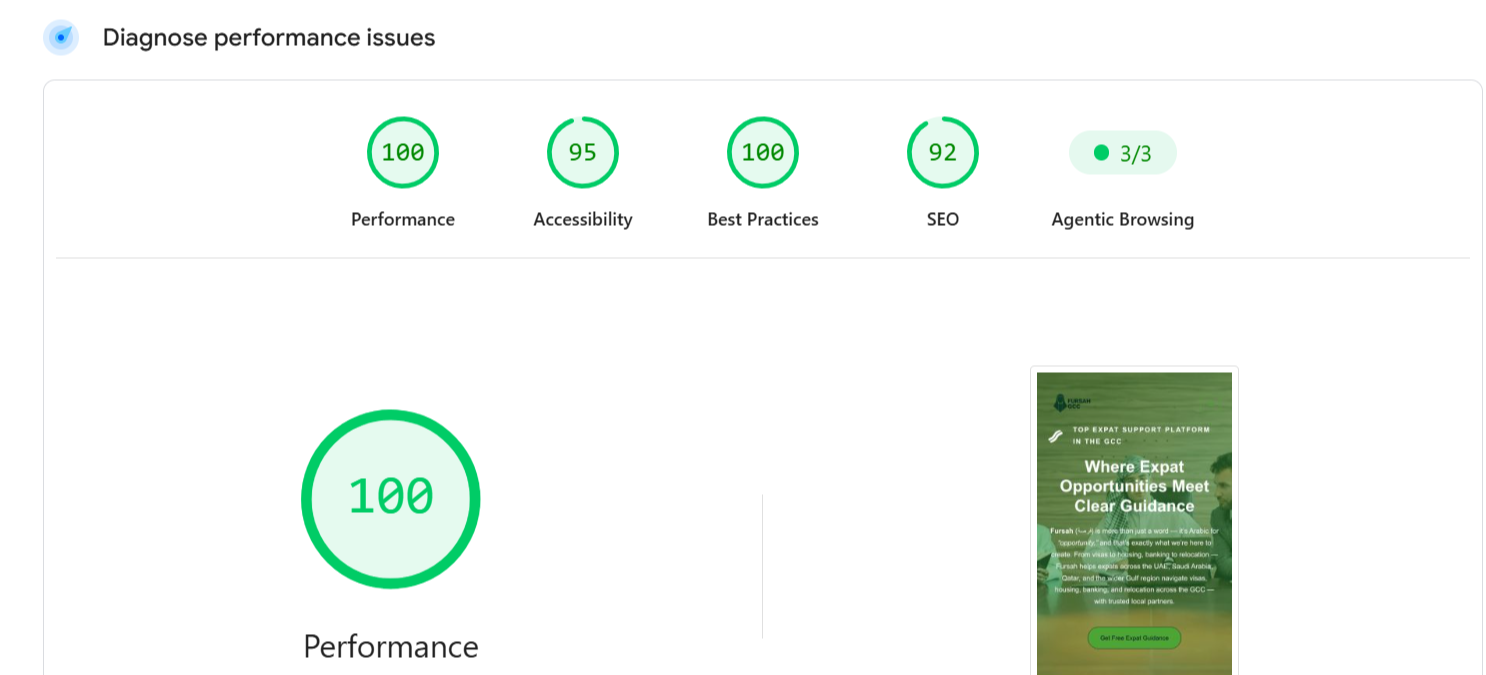 Google PageSpeed Insights report showing high website performance scores for a dental website after technical SEO optimisation.