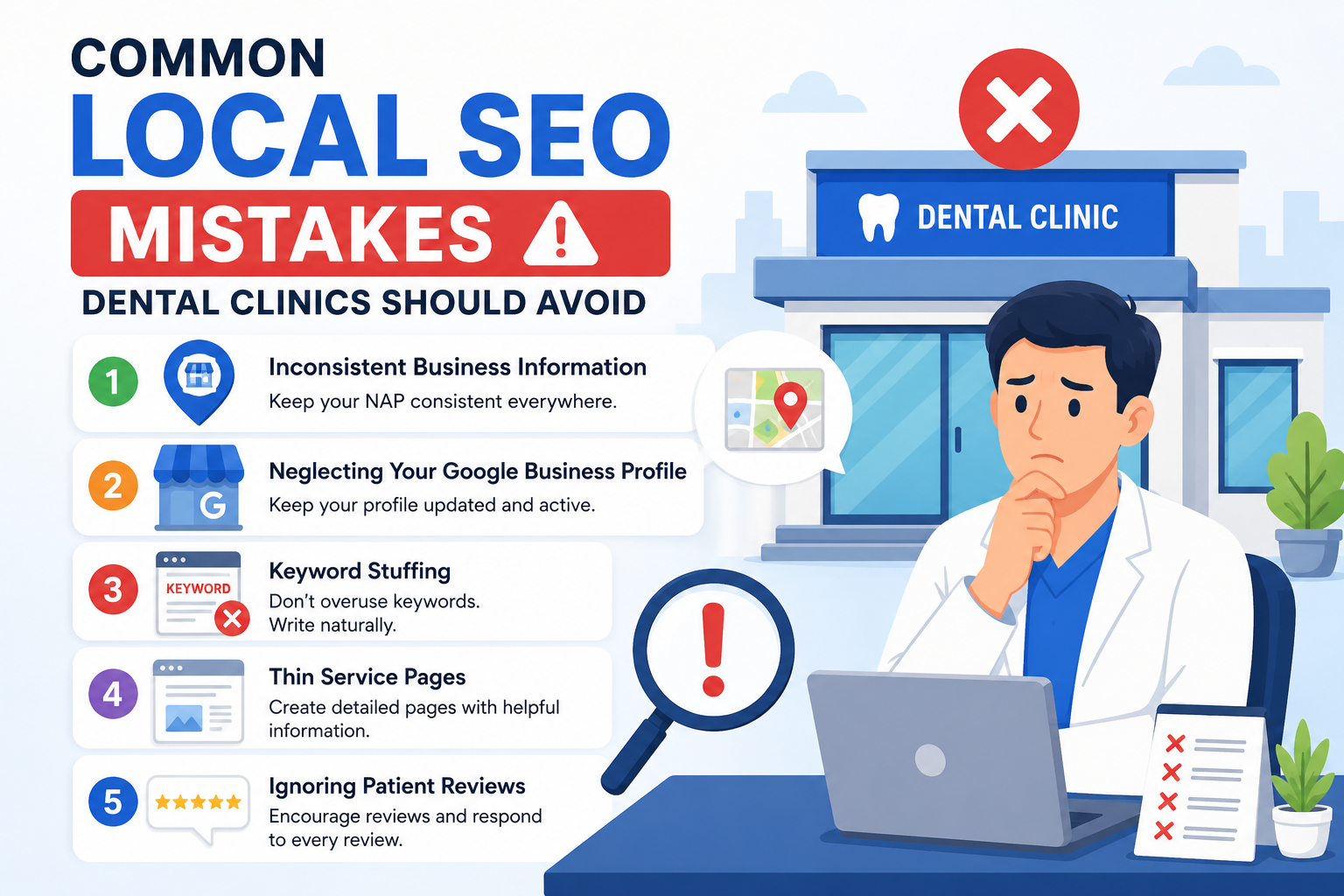 Highlighted common dental SEO pitfalls dental clinics should avoid and how these negative elements affect their SEO rankings: inconsistent NAP info, Google Business Profile issues, keyword stuffing, thin content, and patient review overlook.
