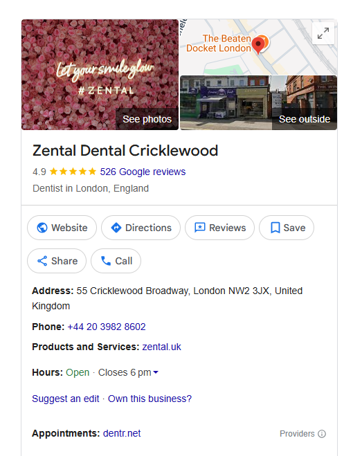 Google Business Profile of a dental clinic showing reviews, ratings, contact details, and business information for local dental SEO performance.