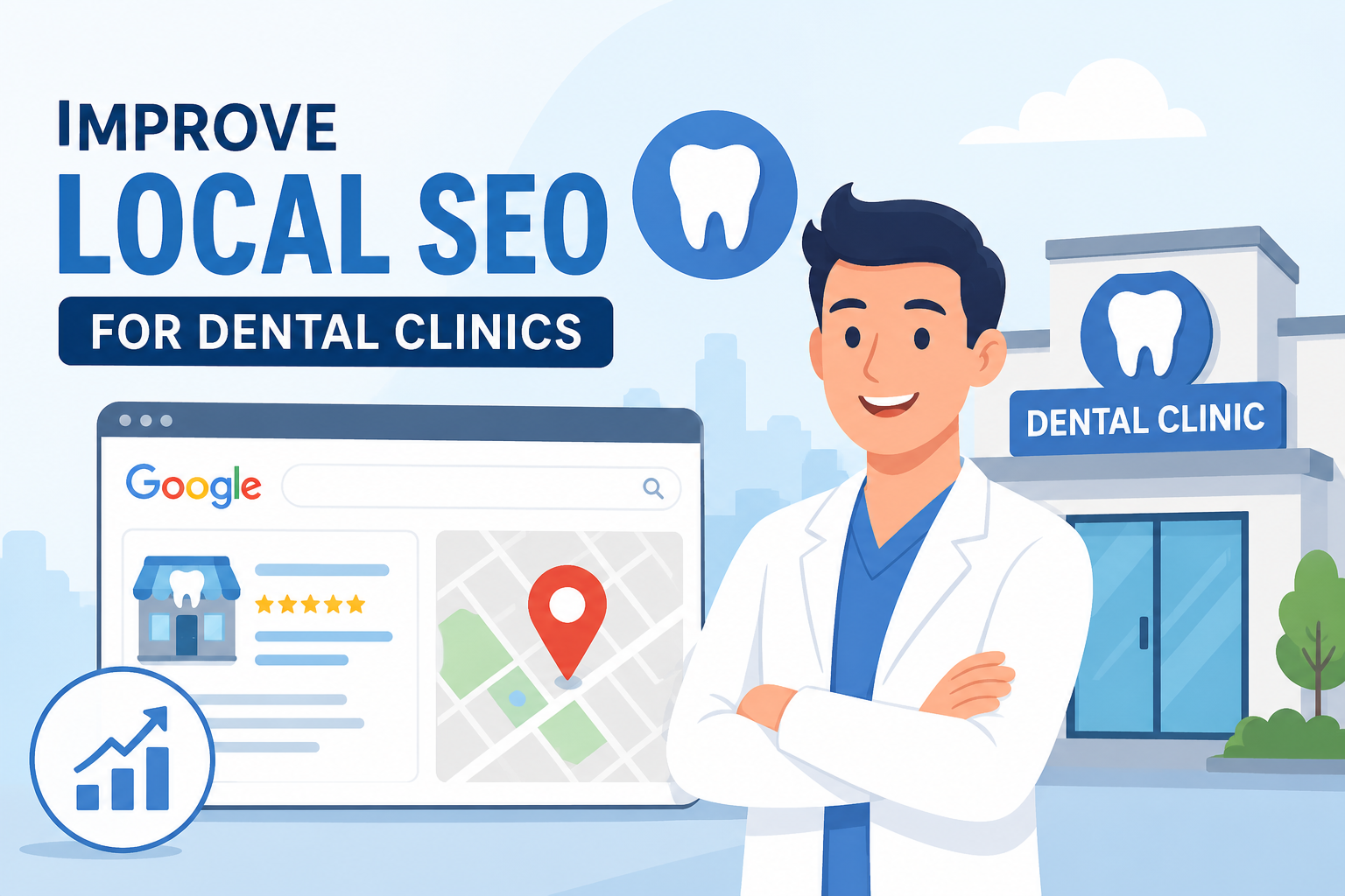 Animated illustration showing a dentist with a Google Maps listing and local SEO elements to improve local SEO for dental clinics and attract more patients.